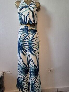 3 Piece Set High-Waist Wide-Leg Palm Print - White & Teal